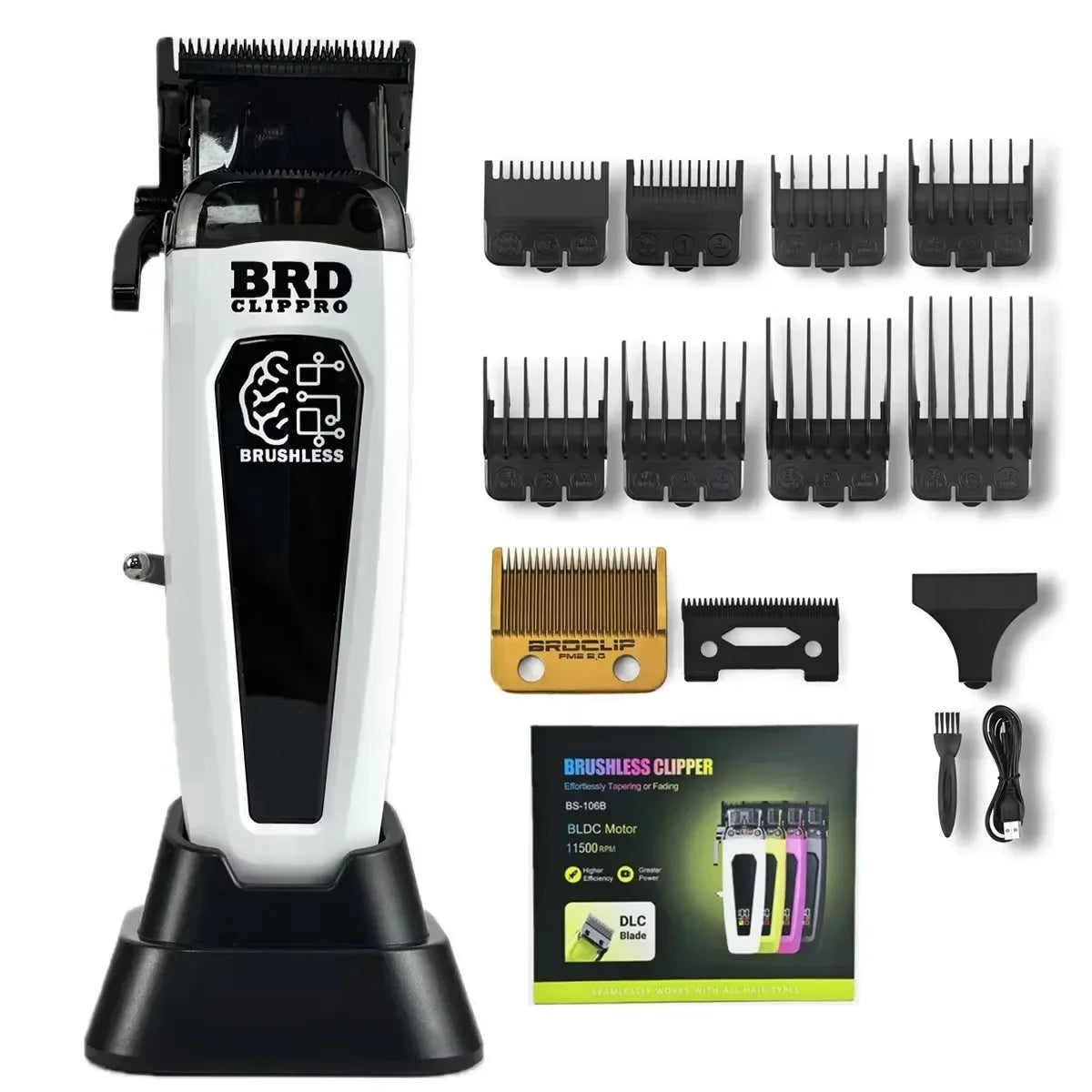 BRDCLIP 106B Professional Brushless Motor Hair Clipper Electric Cordless Trimmer 7500RPM Ultra Thin Moving DLC Blade with Base