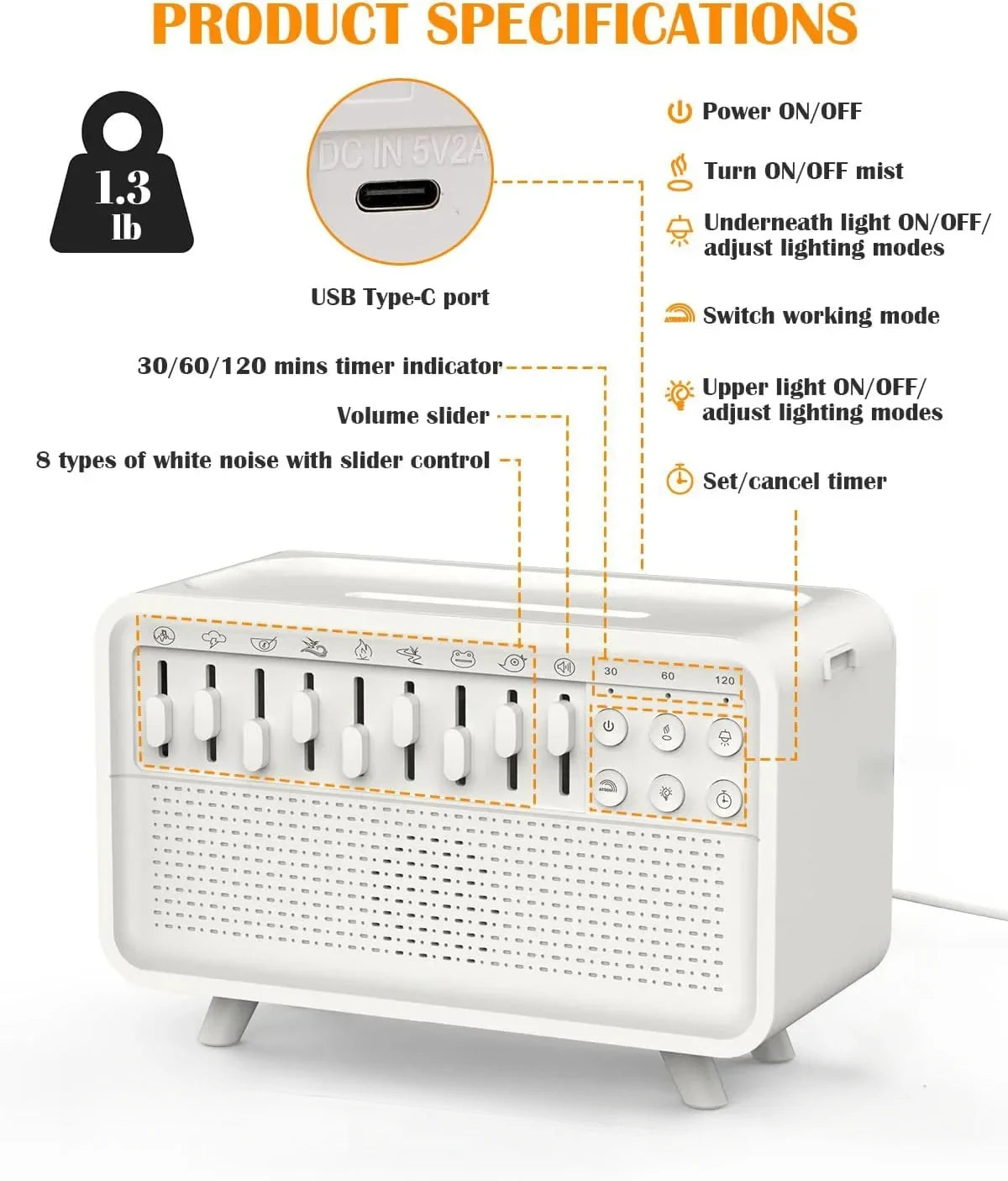 LED White Noise Speaker with 8 Nature Sound Portable BT Speaker Auto-Off Aroma Diffuser Sleep Aid Night Light Humidifier Machine