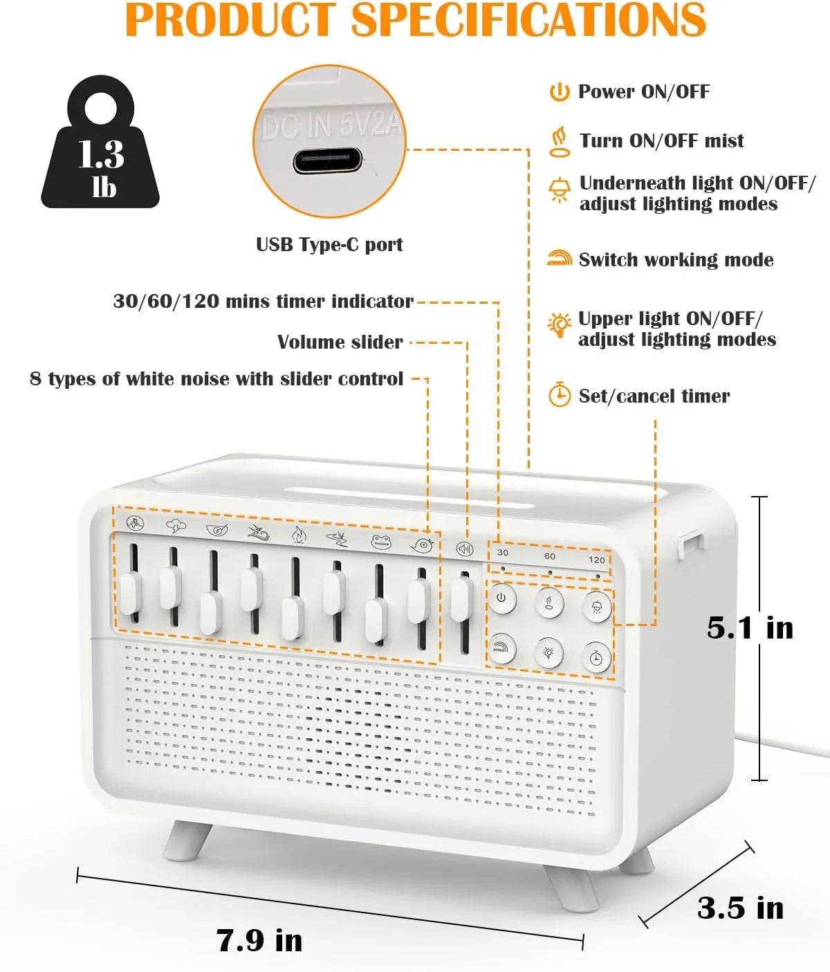 4 in 1 HIFI Bluetooth Speaker White Noise Sleep Aid Night Light Humidifier Machine with Free Combination of 8 Goup Nature Sound